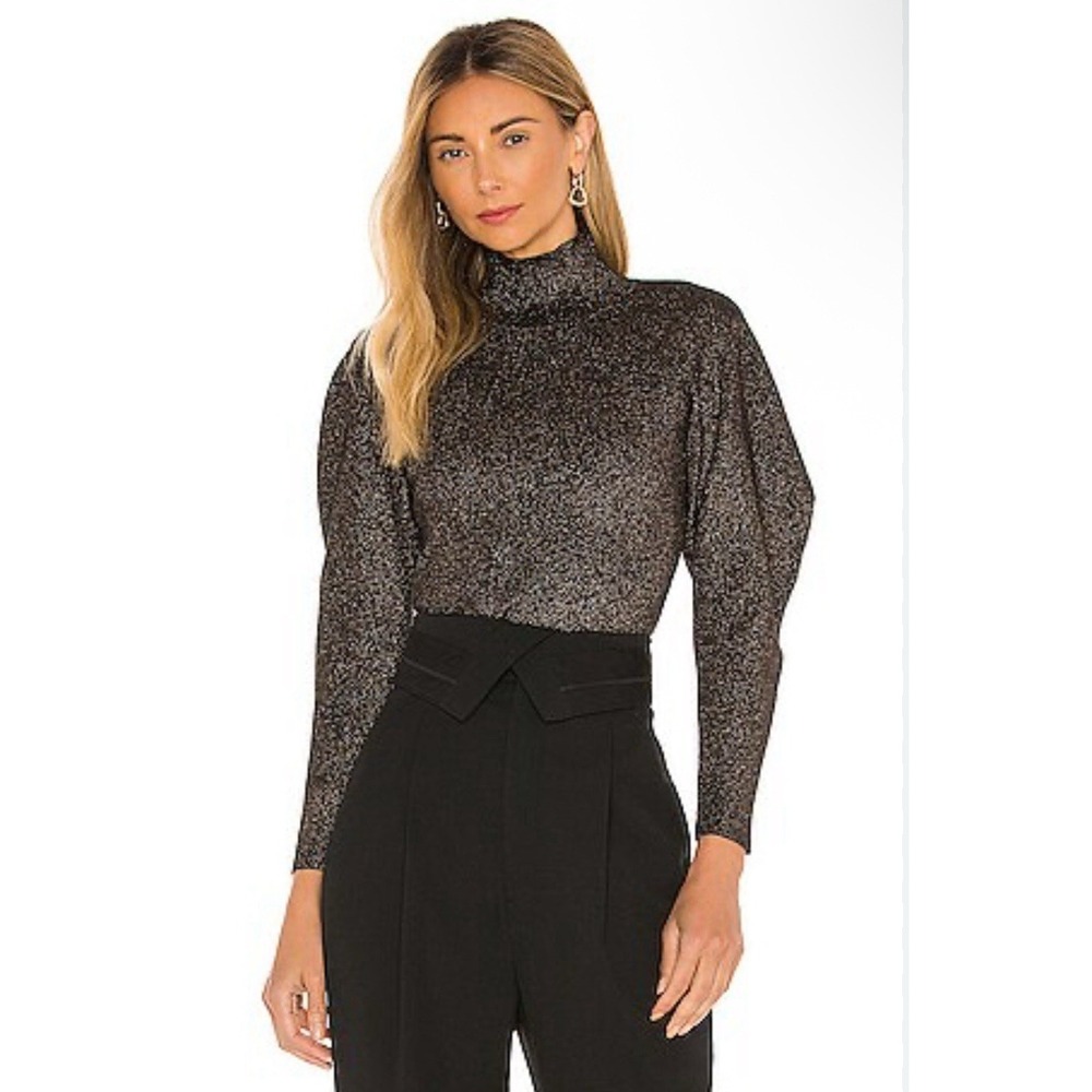 A.L.C. Women Size XS Samuel Metallic Puff Sleeve Turtleneck Sweater Brown Black
